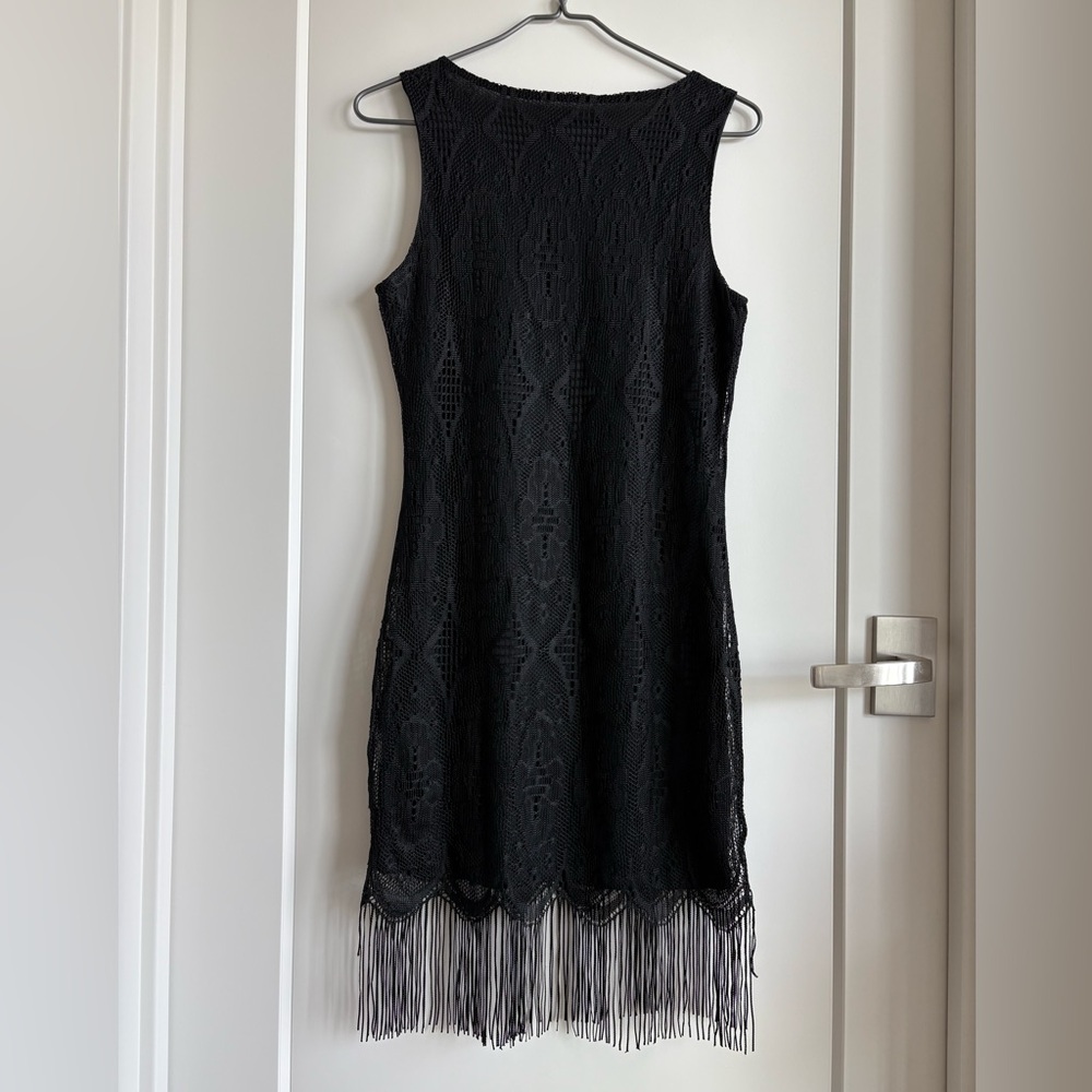 Venus Black Crochet Lace Mini Dress with Fringe - Picture 2 of 8